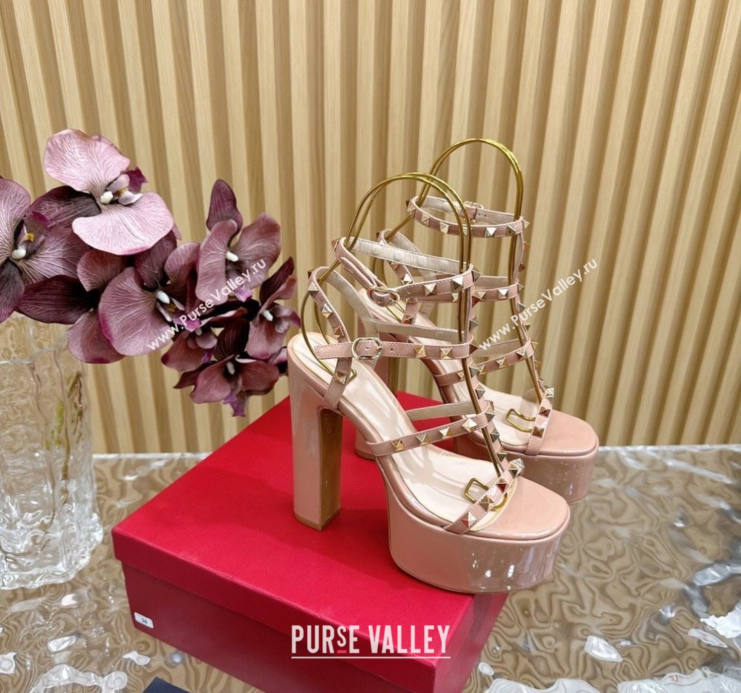 Valentino Rockstud Ankle Strap Platform Sandals 15.5cm in Patent Calfskin Nude 2024 0611 (SS-240612112)