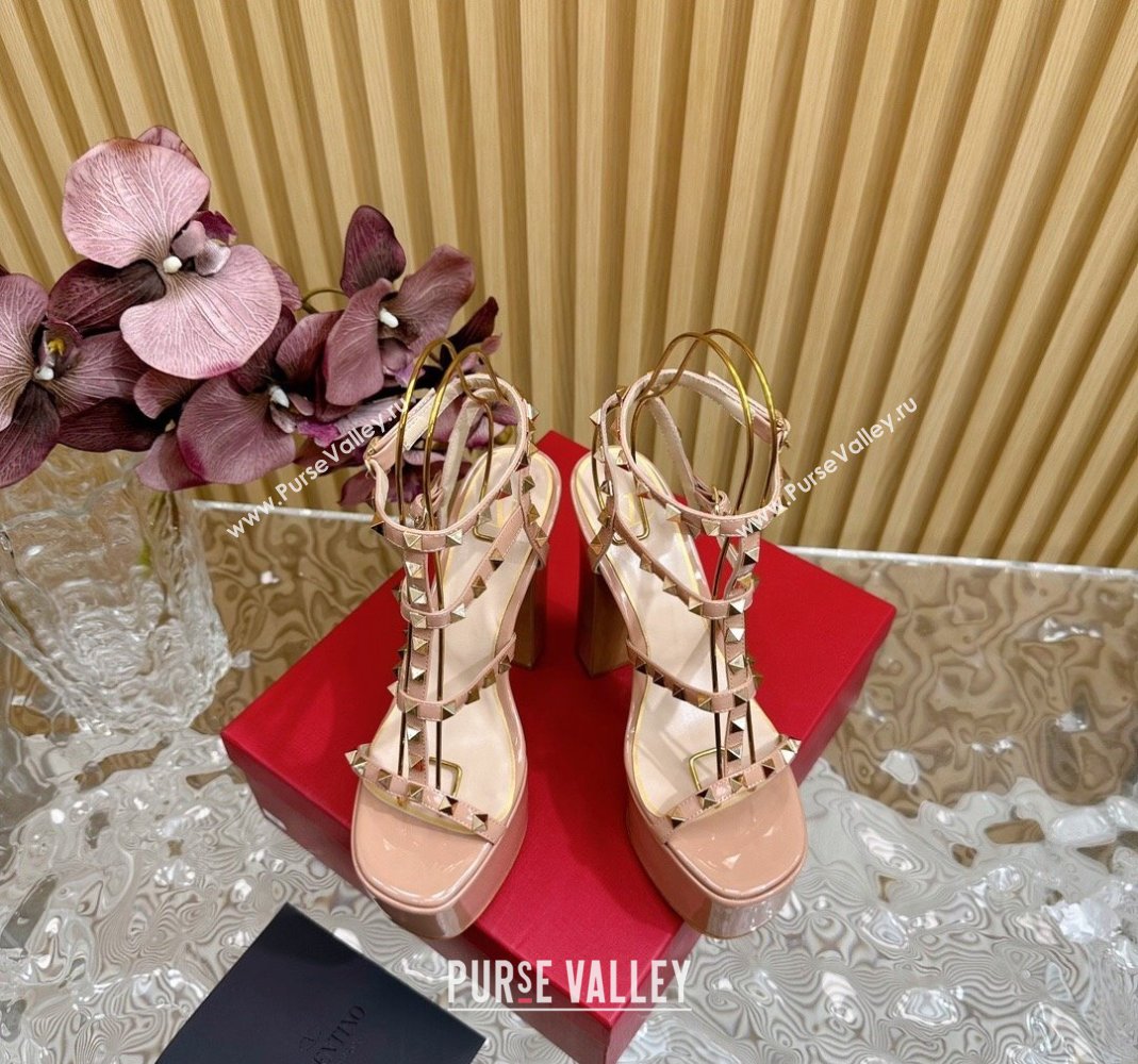 Valentino Rockstud Ankle Strap Platform Sandals 15.5cm in Patent Calfskin Nude 2024 0611 (SS-240612112)