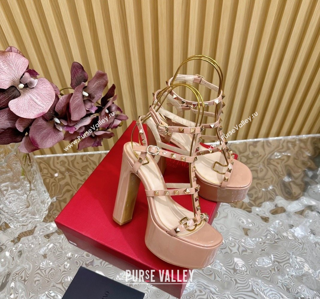 Valentino Rockstud Ankle Strap Platform Sandals 15.5cm in Patent Calfskin Nude 2024 0611 (SS-240612112)