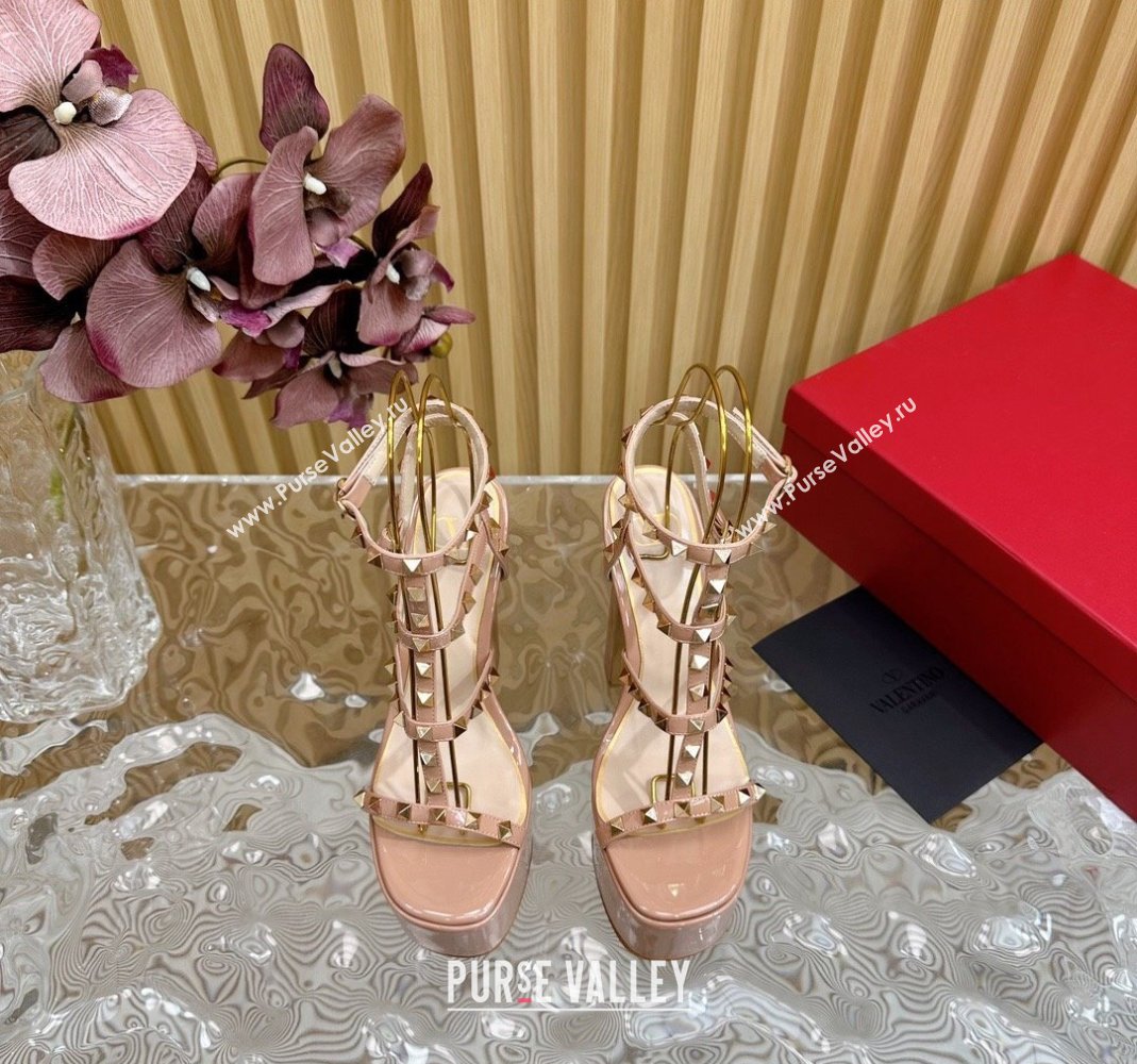 Valentino Rockstud Ankle Strap Platform Sandals 15.5cm in Patent Calfskin Nude 2024 0611 (SS-240612112)