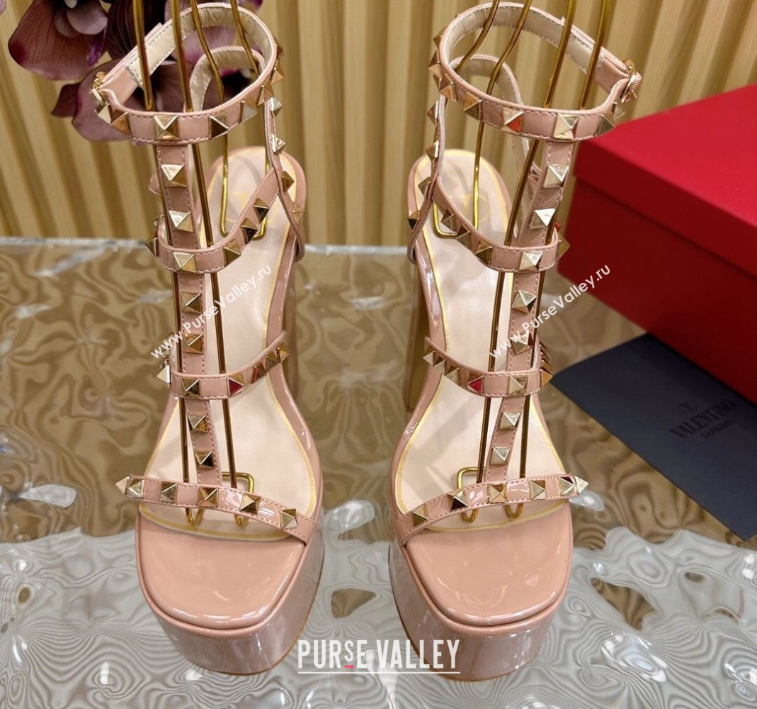 Valentino Rockstud Ankle Strap Platform Sandals 15.5cm in Patent Calfskin Nude 2024 0611 (SS-240612112)