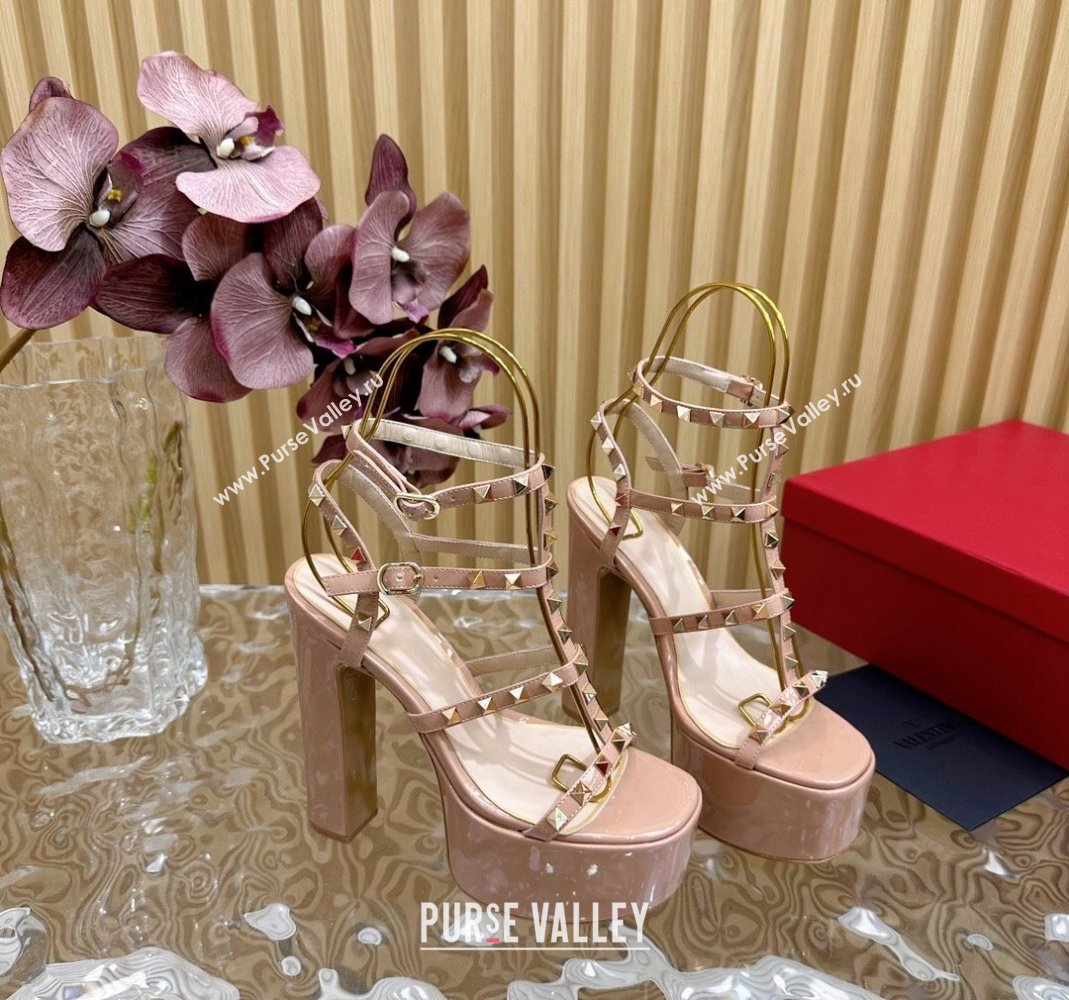 Valentino Rockstud Ankle Strap Platform Sandals 15.5cm in Patent Calfskin Nude 2024 0611 (SS-240612112)