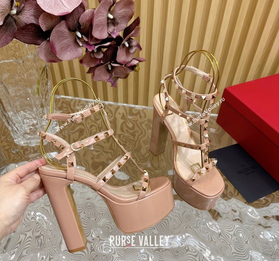 Valentino Rockstud Ankle Strap Platform Sandals 15.5cm in Patent Calfskin Nude 2024 0611 (SS-240612112)