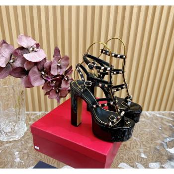 Valentino Rockstud Ankle Strap Platform Sandals 15.5cm in Patent Calfskin Black 2024 0611 (SS-240612113)