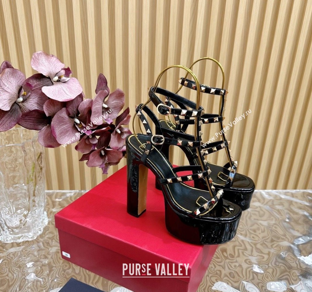 Valentino Rockstud Ankle Strap Platform Sandals 15.5cm in Patent Calfskin Black 2024 0611 (SS-240612113)