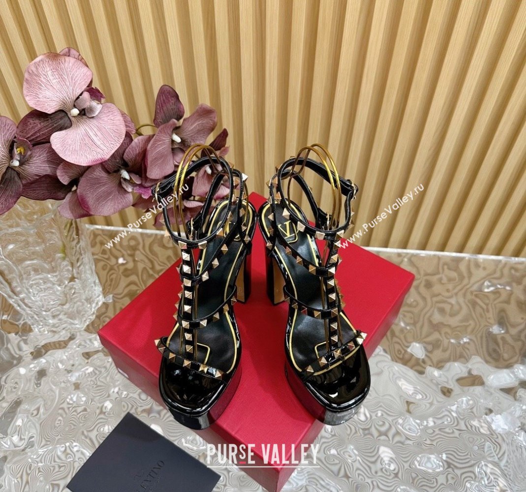 Valentino Rockstud Ankle Strap Platform Sandals 15.5cm in Patent Calfskin Black 2024 0611 (SS-240612113)