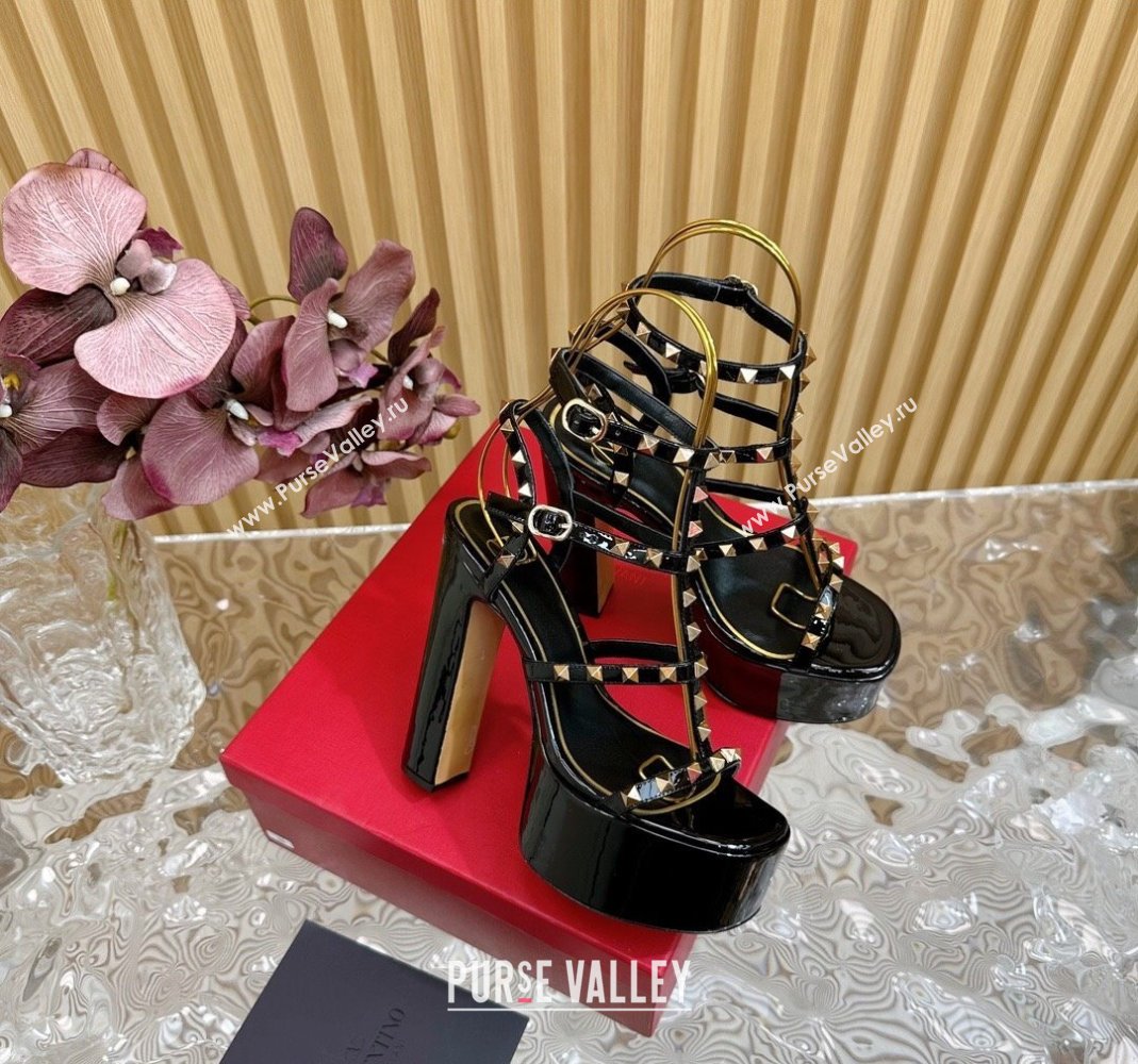 Valentino Rockstud Ankle Strap Platform Sandals 15.5cm in Patent Calfskin Black 2024 0611 (SS-240612113)