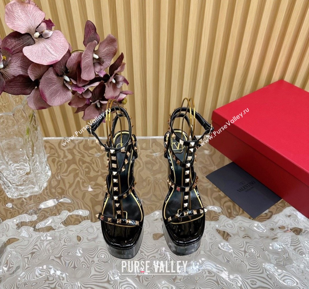 Valentino Rockstud Ankle Strap Platform Sandals 15.5cm in Patent Calfskin Black 2024 0611 (SS-240612113)