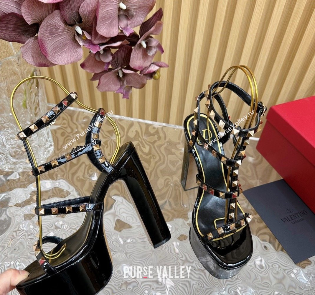 Valentino Rockstud Ankle Strap Platform Sandals 15.5cm in Patent Calfskin Black 2024 0611 (SS-240612113)