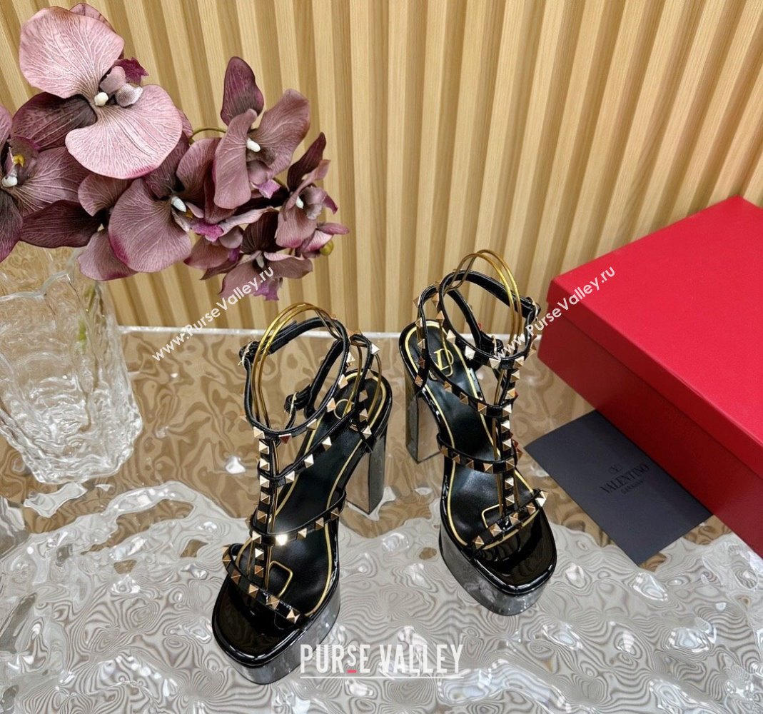 Valentino Rockstud Ankle Strap Platform Sandals 15.5cm in Patent Calfskin Black 2024 0611 (SS-240612113)