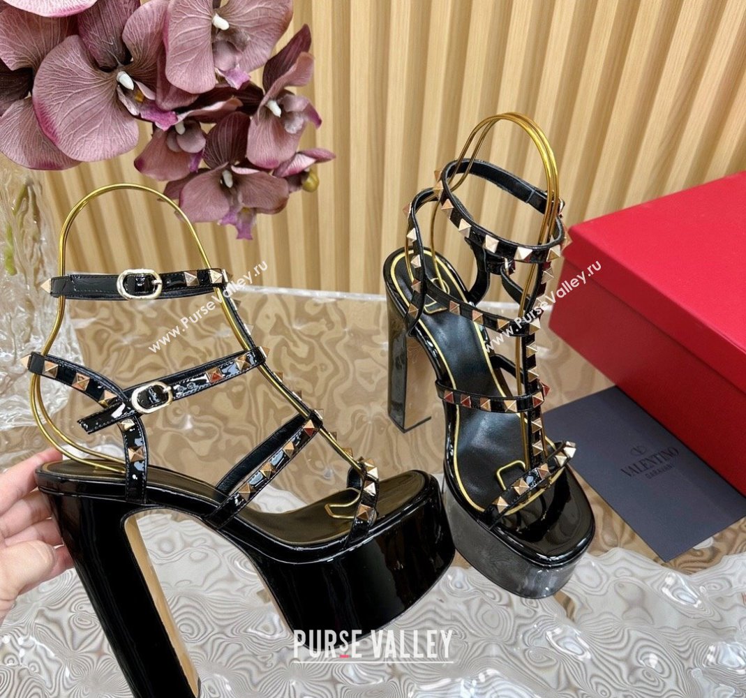 Valentino Rockstud Ankle Strap Platform Sandals 15.5cm in Patent Calfskin Black 2024 0611 (SS-240612113)