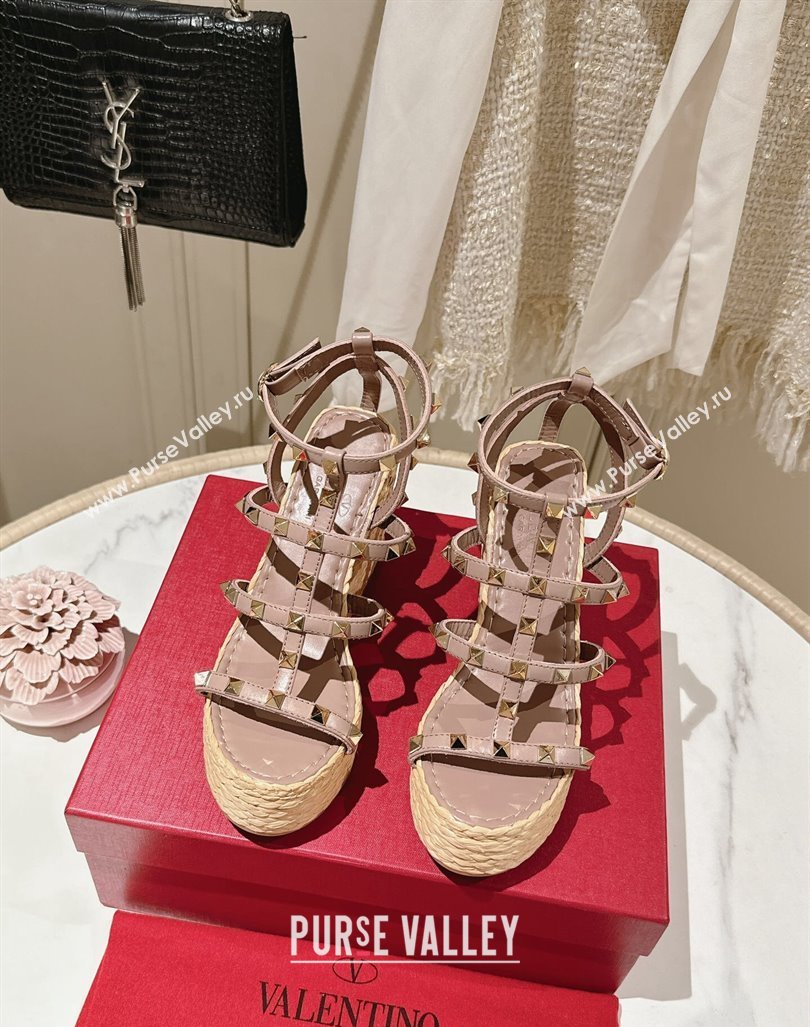 Valentino Rockstud Ankle Strap Wedge Sandals 10cm in Calfskin Pink 2024 0612 (MD-240612104)