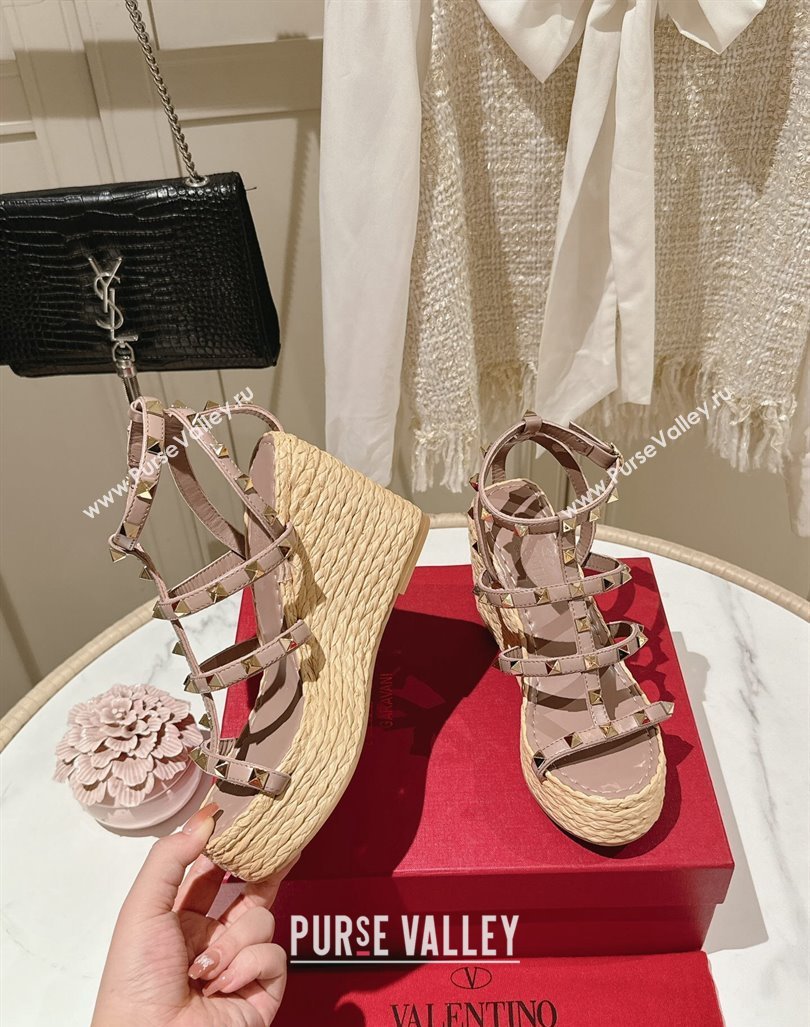 Valentino Rockstud Ankle Strap Wedge Sandals 10cm in Calfskin Pink 2024 0612 (MD-240612104)