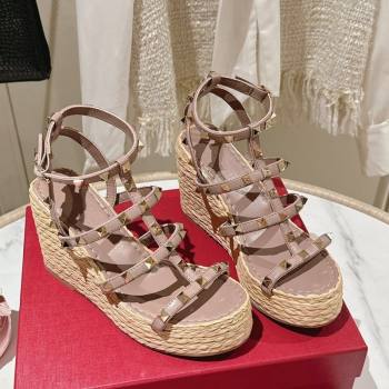 Valentino Rockstud Ankle Strap Wedge Sandals 10cm in Calfskin Pink 2024 0612 (MD-240612104)