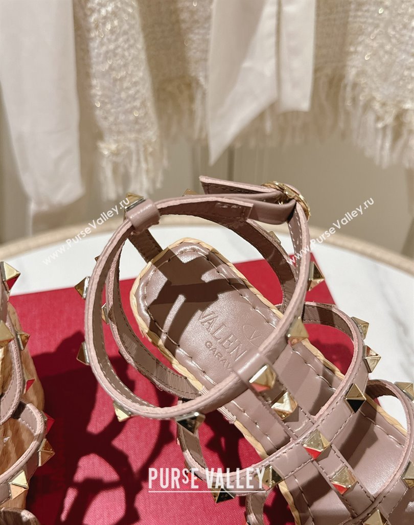 Valentino Rockstud Ankle Strap Wedge Sandals 10cm in Calfskin Pink 2024 0612 (MD-240612104)