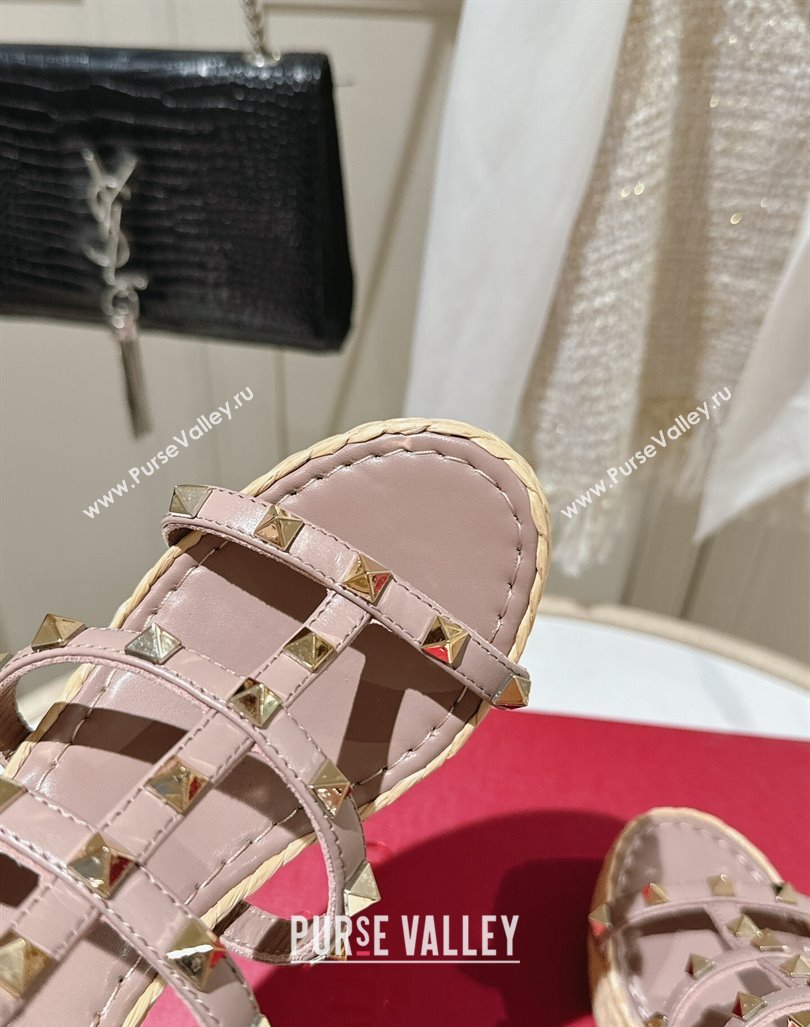 Valentino Rockstud Ankle Strap Wedge Sandals 10cm in Calfskin Pink 2024 0612 (MD-240612104)