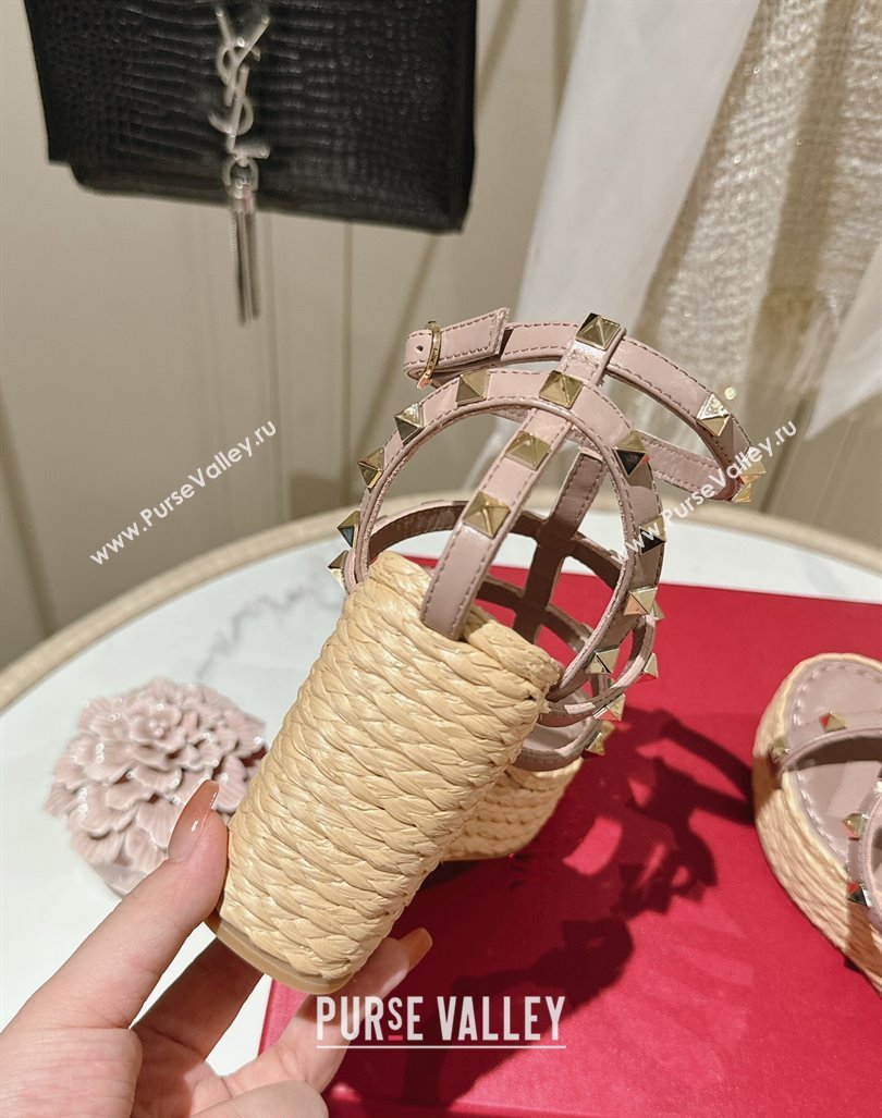 Valentino Rockstud Ankle Strap Wedge Sandals 10cm in Calfskin Pink 2024 0612 (MD-240612104)