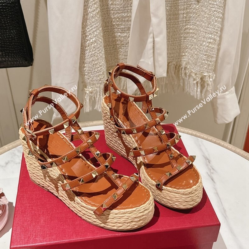 Valentino Rockstud Ankle Strap Wedge Sandals 10cm in Calfskin Brown 2024 0612 (MD-240612105)