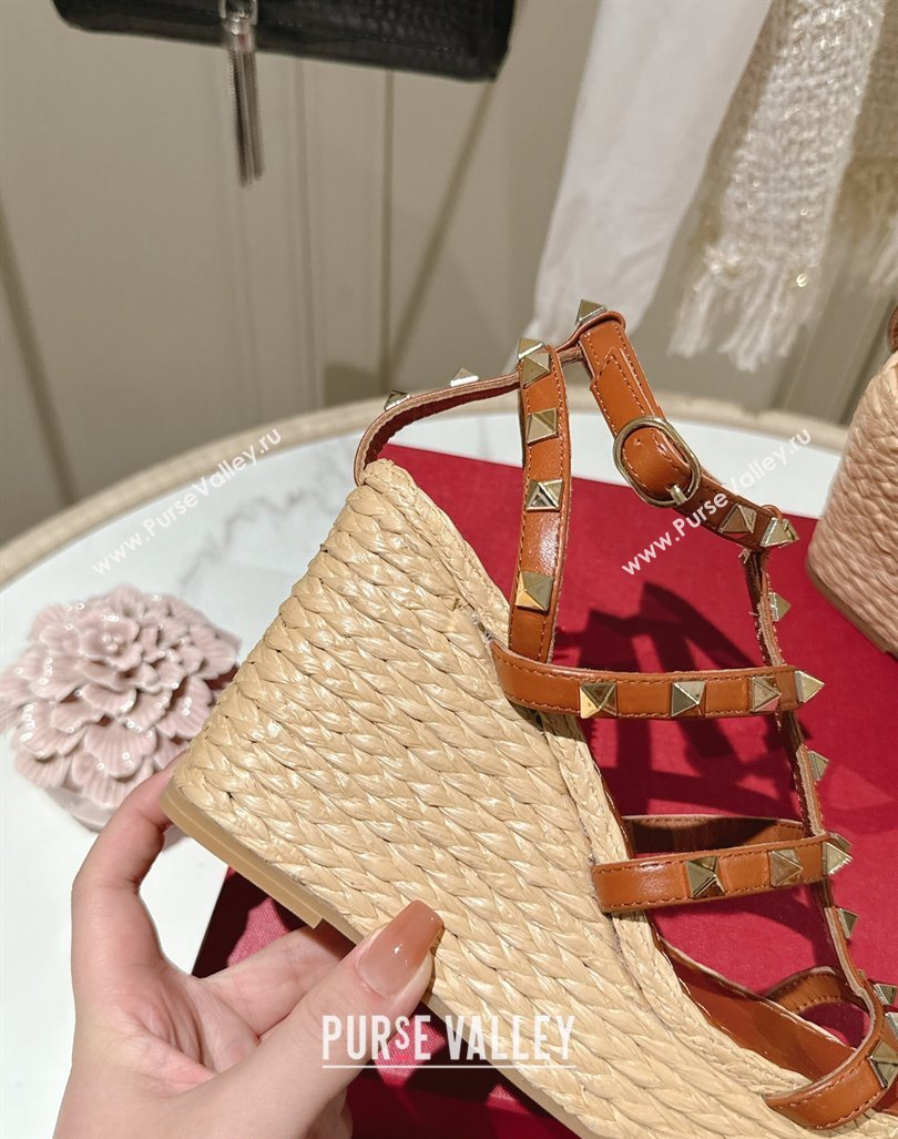 Valentino Rockstud Ankle Strap Wedge Sandals 10cm in Calfskin Brown 2024 0612 (MD-240612105)