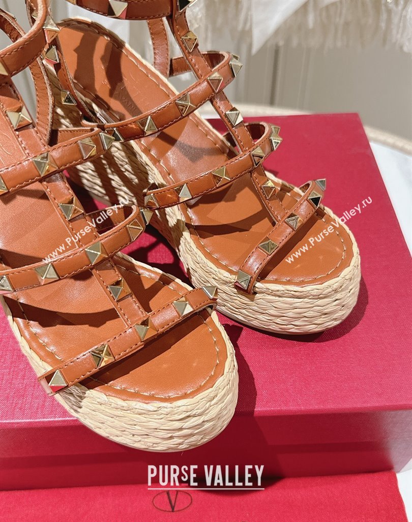 Valentino Rockstud Ankle Strap Wedge Sandals 10cm in Calfskin Brown 2024 0612 (MD-240612105)