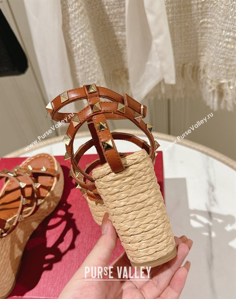 Valentino Rockstud Ankle Strap Wedge Sandals 10cm in Calfskin Brown 2024 0612 (MD-240612105)