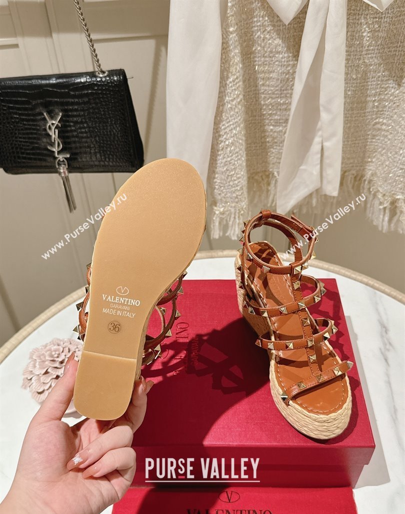 Valentino Rockstud Ankle Strap Wedge Sandals 10cm in Calfskin Brown 2024 0612 (MD-240612105)