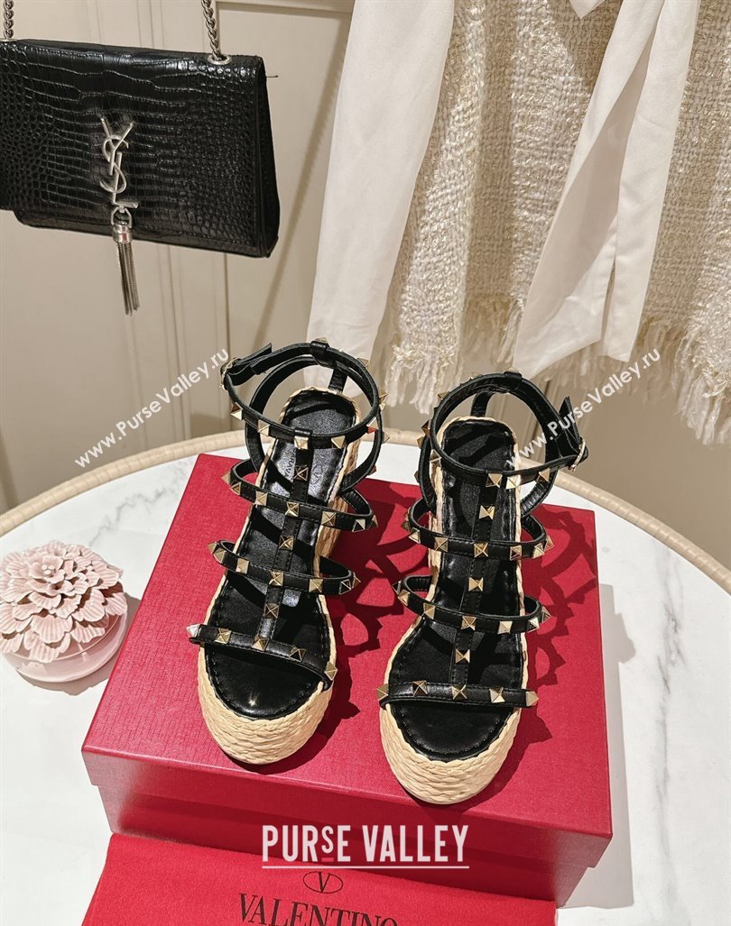 Valentino Rockstud Ankle Strap Wedge Sandals 10cm in Calfskin Black 2024 0612 (MD-240612106)