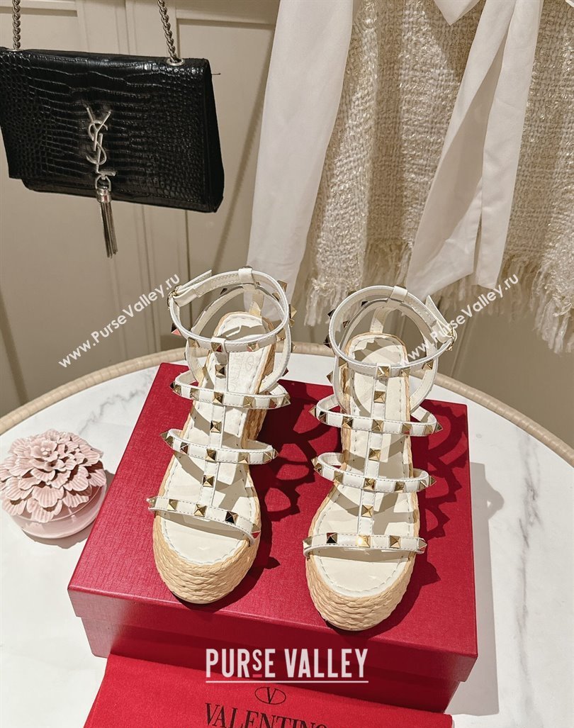 Valentino Rockstud Ankle Strap Wedge Sandals 10cm in Calfskin White 2024 0612 (MD-240612107)