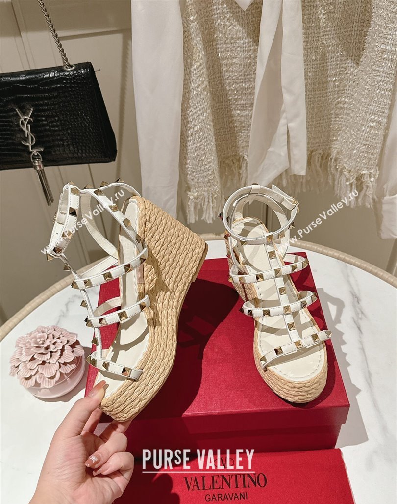 Valentino Rockstud Ankle Strap Wedge Sandals 10cm in Calfskin White 2024 0612 (MD-240612107)