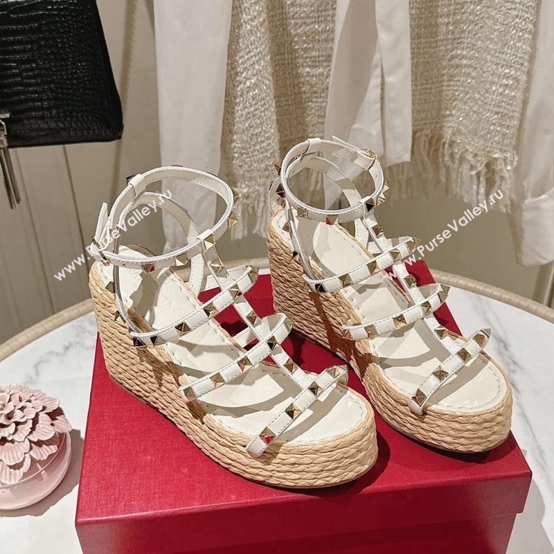 Valentino Rockstud Ankle Strap Wedge Sandals 10cm in Calfskin White 2024 0612 (MD-240612107)