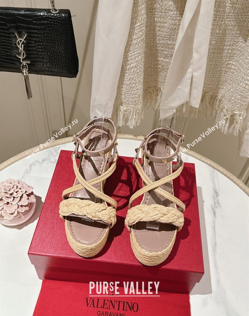 Valentino Rockstud Ankle Strap Wedge Sandals 10cm in Calfskin and Straw-Like Pink 2024 0611 (MD-240612108)