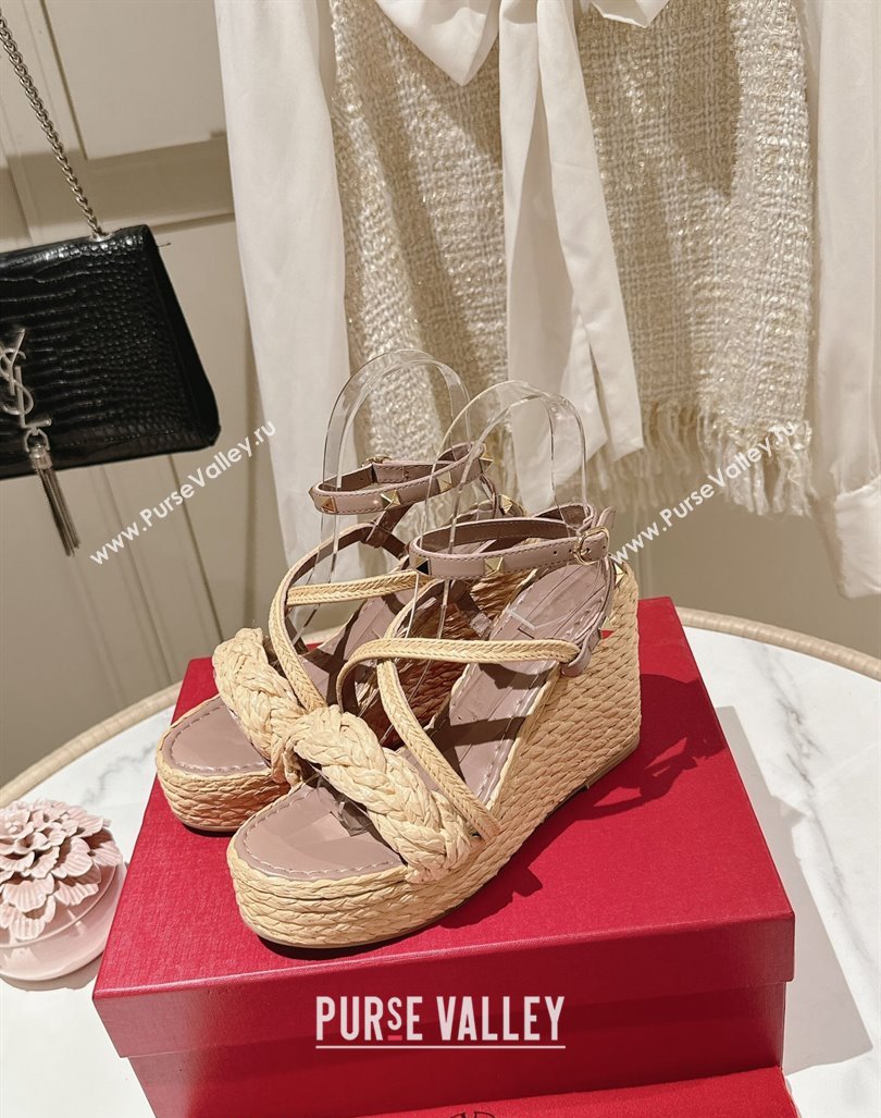 Valentino Rockstud Ankle Strap Wedge Sandals 10cm in Calfskin and Straw-Like Pink 2024 0611 (MD-240612108)