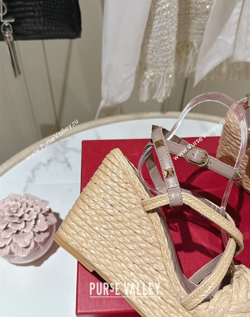 Valentino Rockstud Ankle Strap Wedge Sandals 10cm in Calfskin and Straw-Like Pink 2024 0611 (MD-240612108)