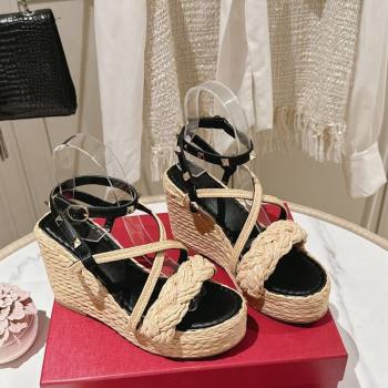 Valentino Rockstud Ankle Strap Wedge Sandals 10cm in Calfskin and Straw-Like Black 2024 0611 (MD-240612109)