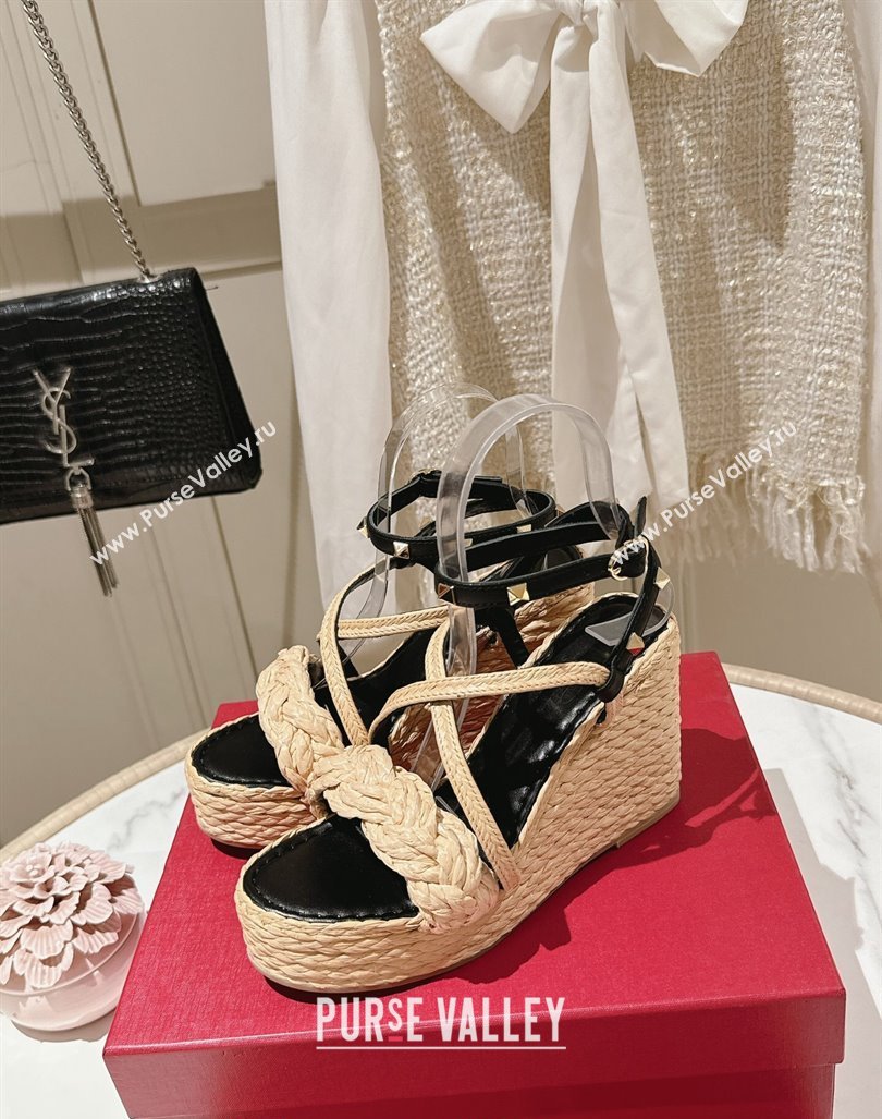 Valentino Rockstud Ankle Strap Wedge Sandals 10cm in Calfskin and Straw-Like Black 2024 0611 (MD-240612109)