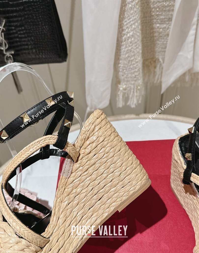 Valentino Rockstud Ankle Strap Wedge Sandals 10cm in Calfskin and Straw-Like Black 2024 0611 (MD-240612109)