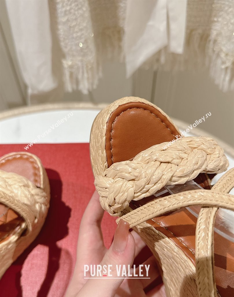 Valentino Rockstud Ankle Strap Wedge Sandals 10cm in Calfskin and Straw-Like Brown 2024 0611 (MD-240612110)