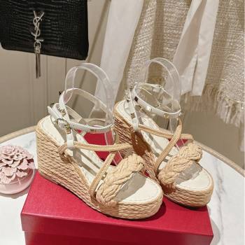 Valentino Rockstud Ankle Strap Wedge Sandals 10cm in Calfskin and Straw-Like White 2024 0611 (MD-240612111)