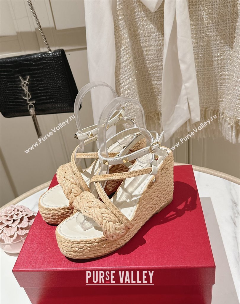 Valentino Rockstud Ankle Strap Wedge Sandals 10cm in Calfskin and Straw-Like White 2024 0611 (MD-240612111)