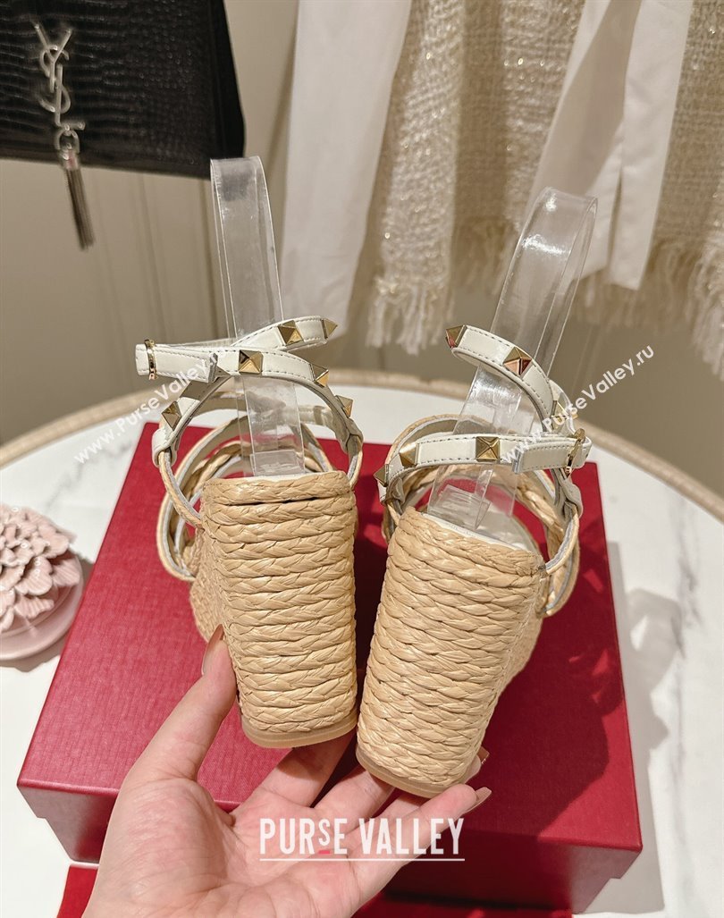 Valentino Rockstud Ankle Strap Wedge Sandals 10cm in Calfskin and Straw-Like White 2024 0611 (MD-240612111)