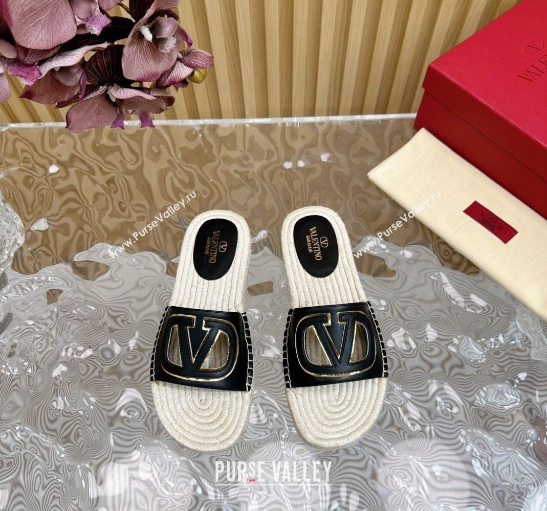 Valentino VLogo Cut-out Espadrille Flat Slides Sandal in Calfskin Black 2024 0612 (MD-240612115)