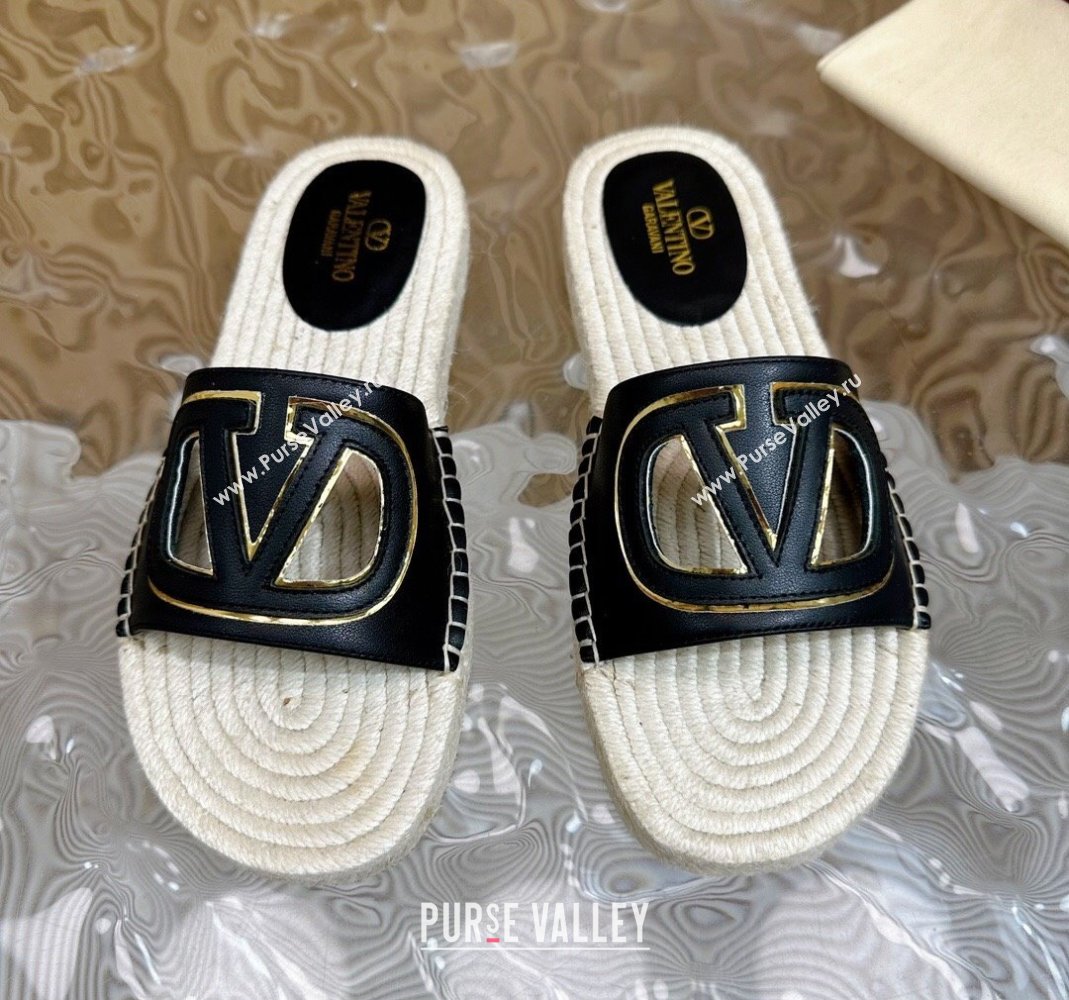 Valentino VLogo Cut-out Espadrille Flat Slides Sandal in Calfskin Black 2024 0612 (MD-240612115)