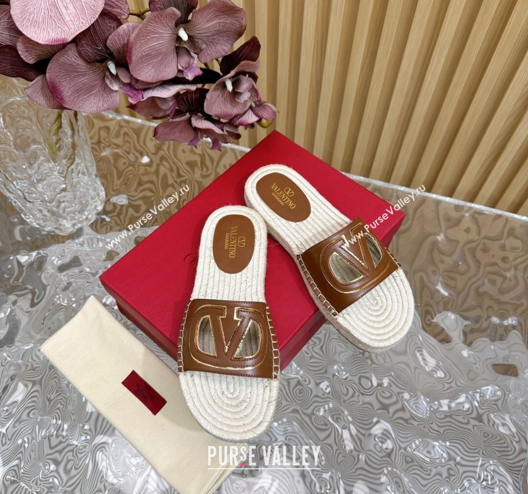 Valentino VLogo Cut-out Espadrille Flat Slides Sandal in Calfskin Brown 2024 0612 (MD-240612117)