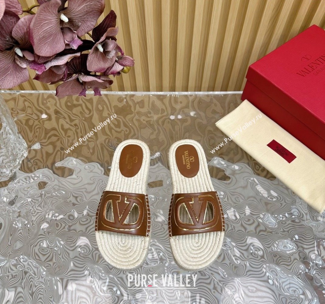 Valentino VLogo Cut-out Espadrille Flat Slides Sandal in Calfskin Brown 2024 0612 (MD-240612117)