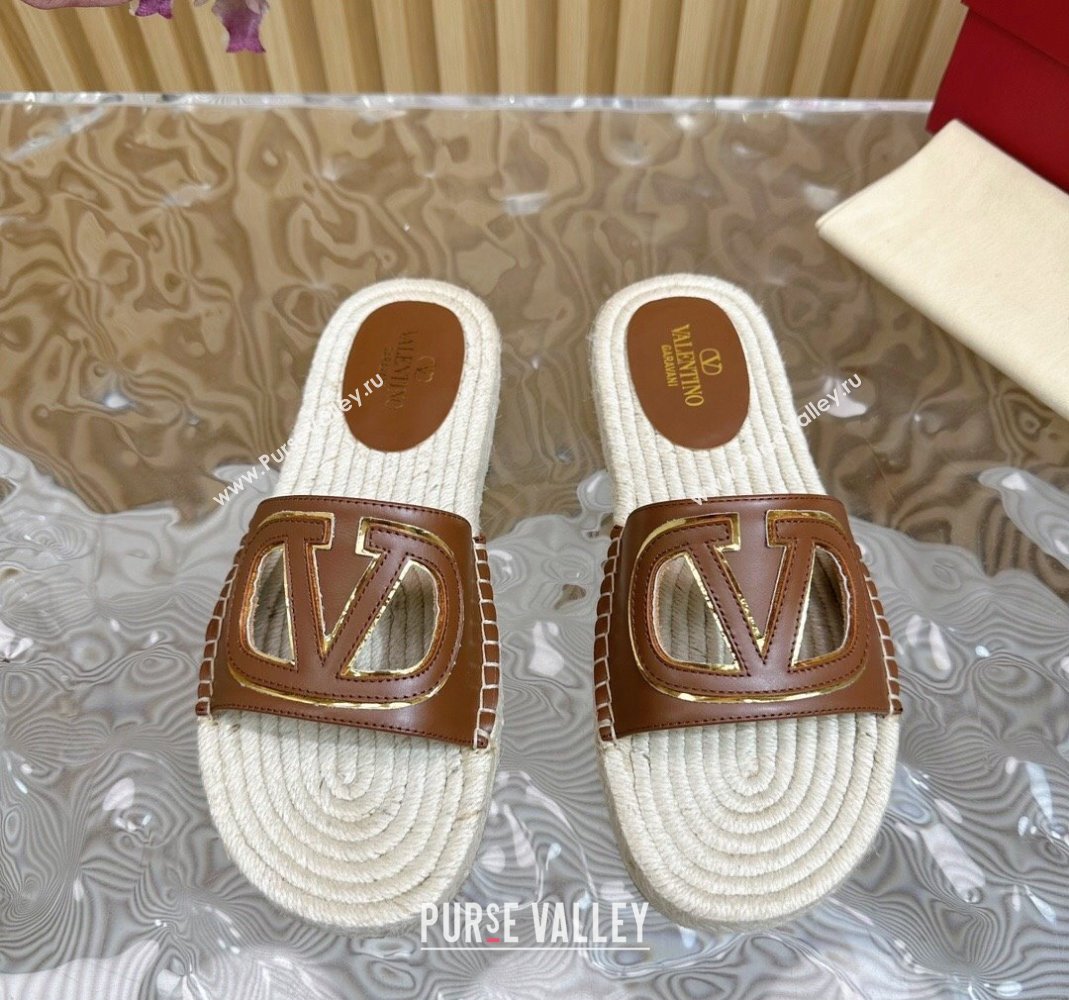 Valentino VLogo Cut-out Espadrille Flat Slides Sandal in Calfskin Brown 2024 0612 (MD-240612117)