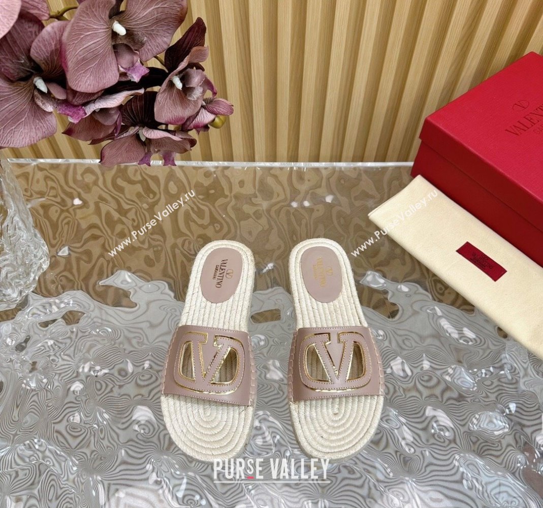 Valentino VLogo Cut-out Espadrille Flat Slides Sandal in Calfskin Light Pink 2024 0612 (MD-240612118)