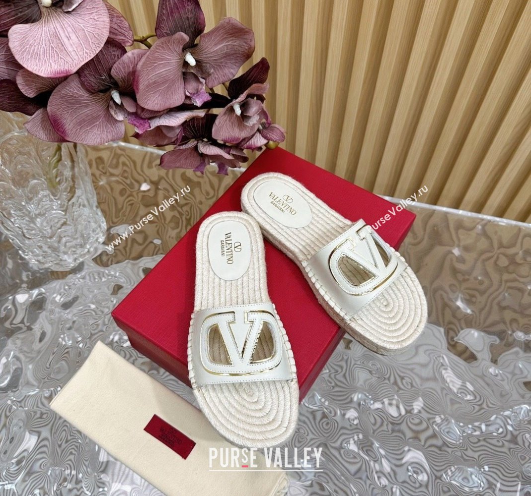 Valentino VLogo Cut-out Espadrille Flat Slides Sandal in Calfskin White 2024 0612 (MD-240612119)