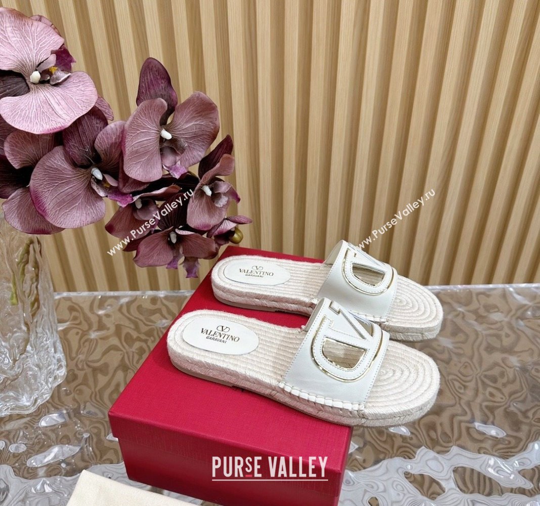 Valentino VLogo Cut-out Espadrille Flat Slides Sandal in Calfskin White 2024 0612 (MD-240612119)