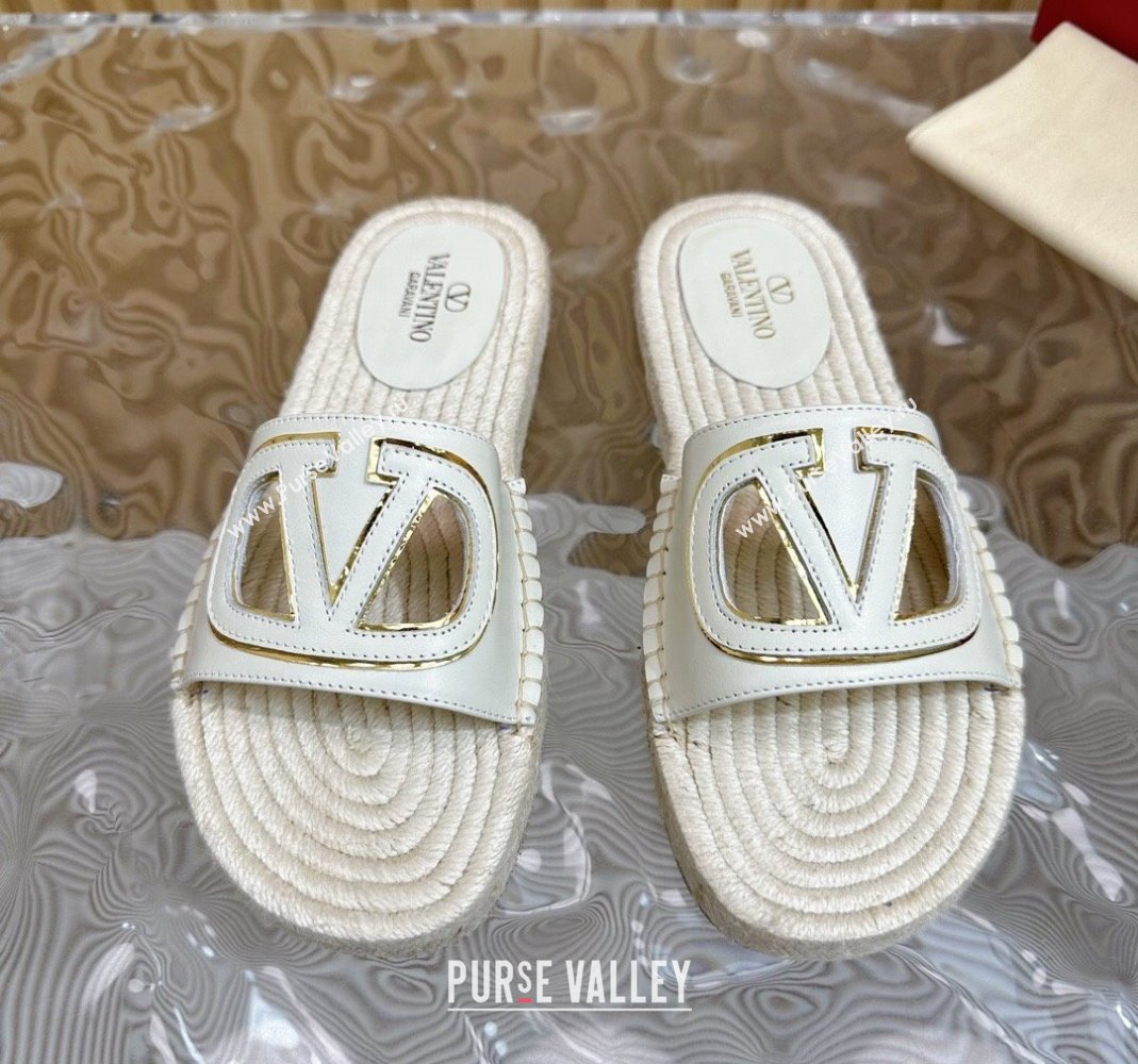 Valentino VLogo Cut-out Espadrille Flat Slides Sandal in Calfskin White 2024 0612 (MD-240612119)