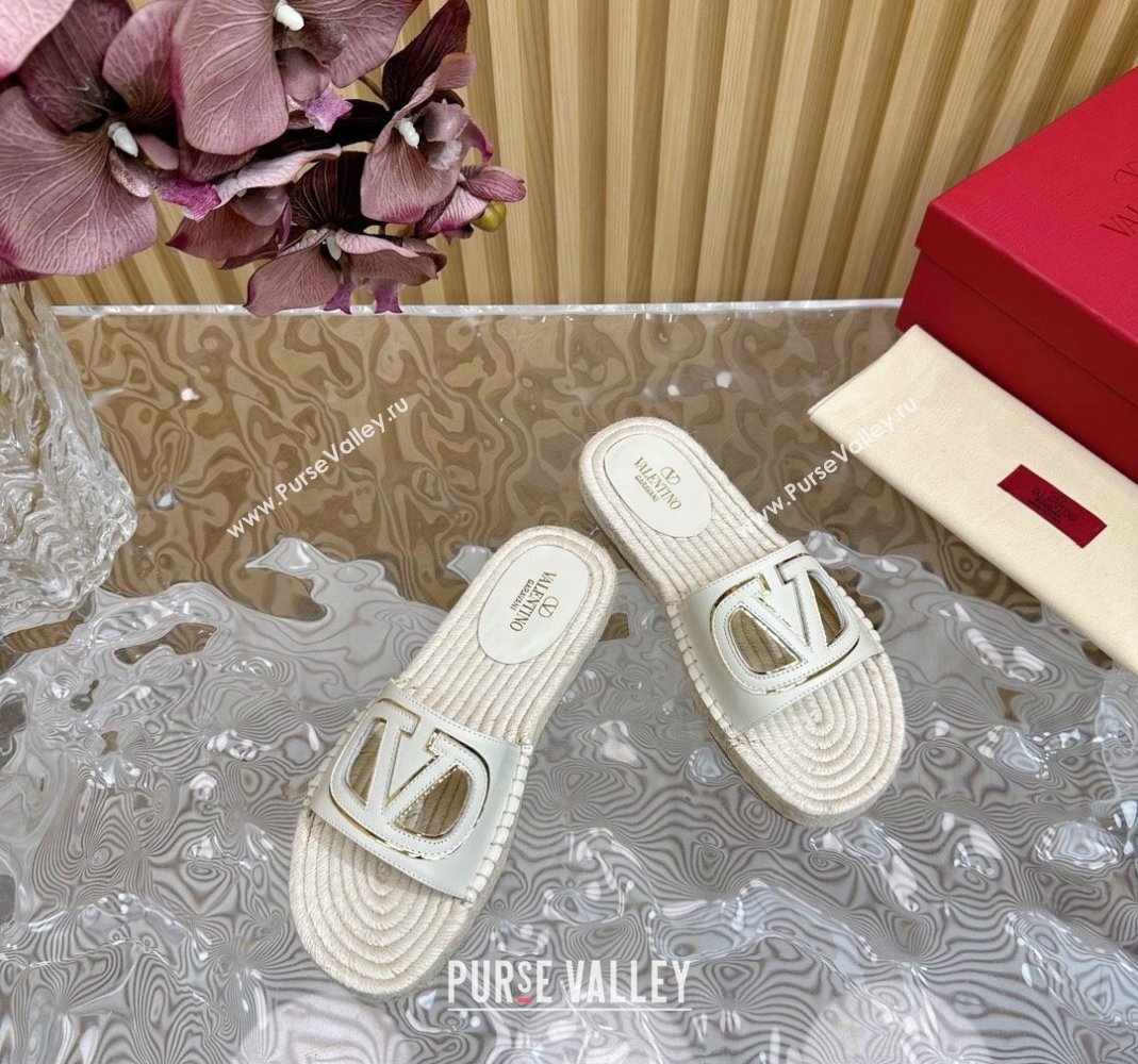 Valentino VLogo Cut-out Espadrille Flat Slides Sandal in Calfskin White 2024 0612 (MD-240612119)